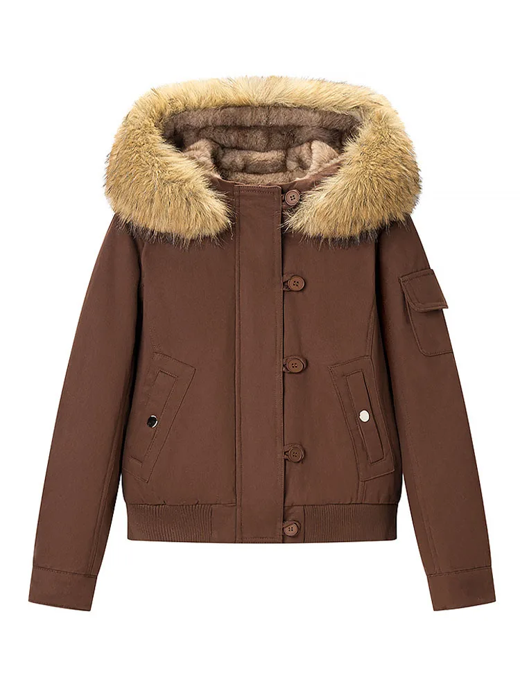 

HH Women's 2025 Winter New Fashion Versatile Furry Hooded Coat Cotton Jacket Female High Street Casual Long Sleeve Pocket Jacket