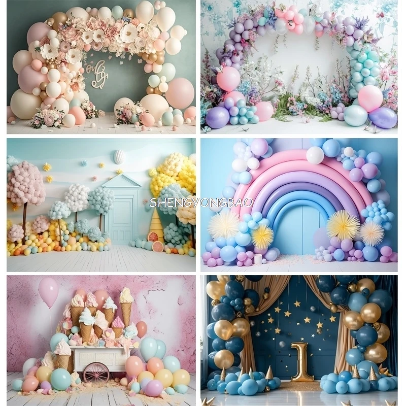 

Baby Room Happy Birthday Photography Backdrops Props Newborn Party Decoration Balloons Arch Floral Theme Photo Background QQ-01