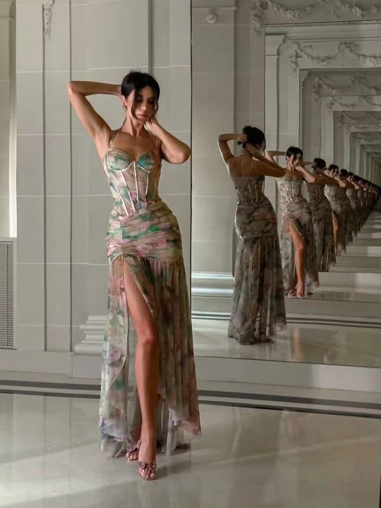 2025 센슈얼 플로럴 V넥 슬릿 본드 바디콘 스파게티 스트랩 클럽 휴가 비치 여름 패션 신상 여성 드레스