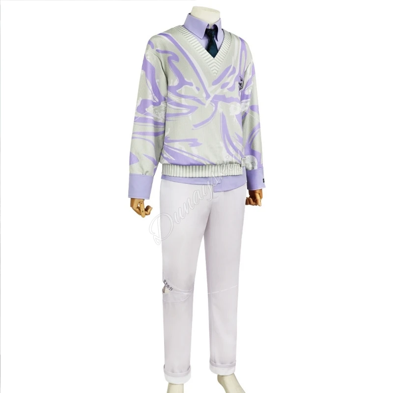 Love And Deepspace Xavier Shen Xinghui Cosplay Costume Casual Wear Full Set Light Purple Printed V-neck Sweater Daily Casual view 2