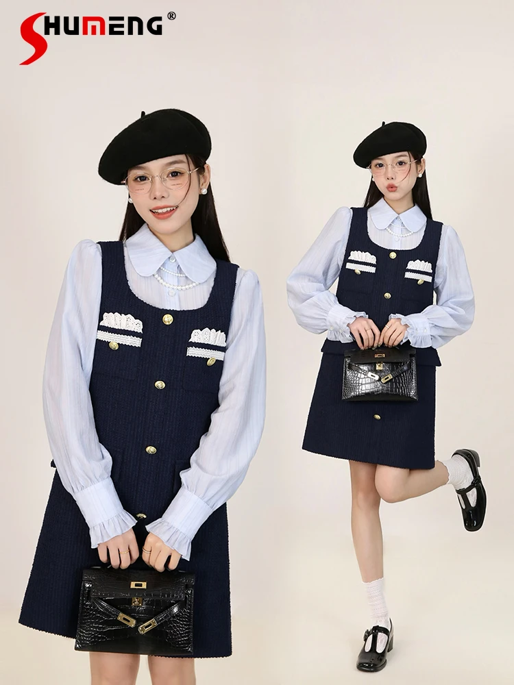 

Japanese Sweet Girl Doll Collar Long Sleeve Shirt Top Embroidery Pocket Metal Buckle Sleeveless Vest Dress Two-Piece Set Women