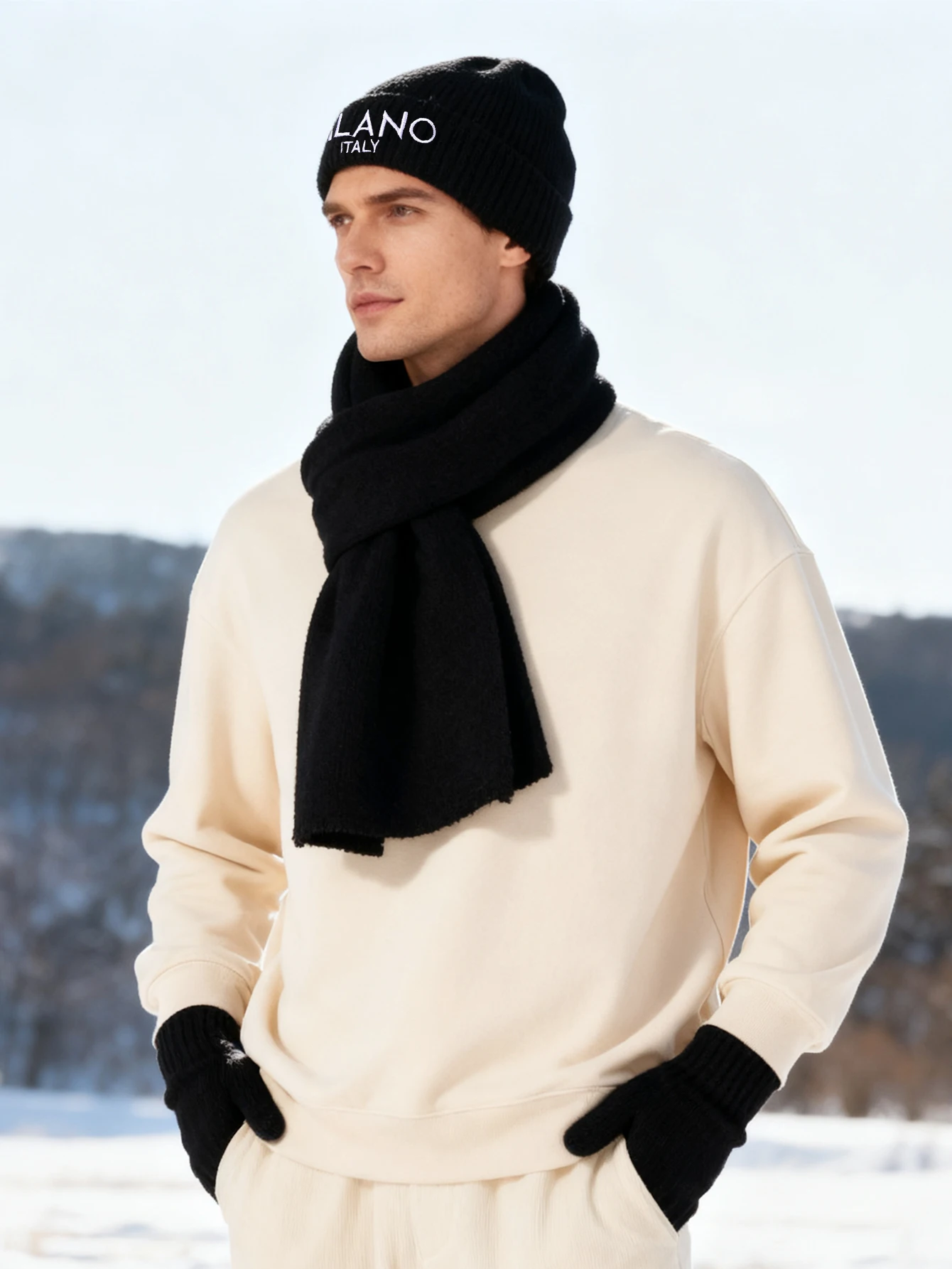 3 قطع قبعة صغيرة متماسكة للشتاء الدافئ "ميلانو إيطاليا" مطرزة - أغطية رأس عصرية ناعمة مقاومة للرياح