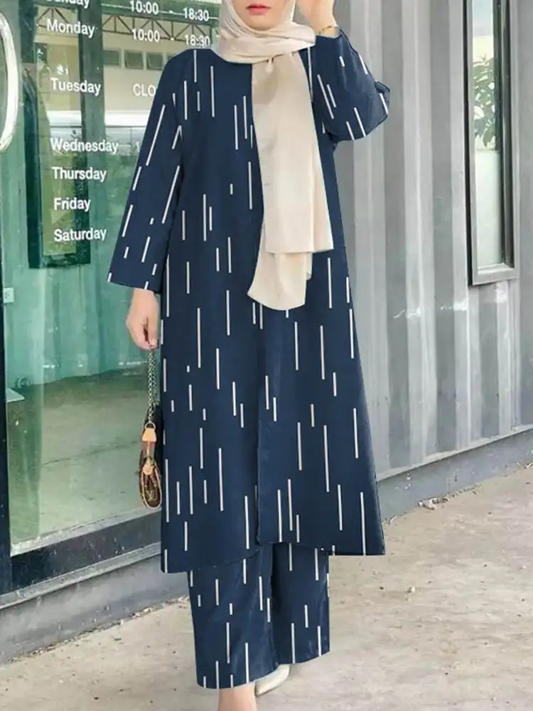 

Vintage Printed Trouser Suits ZANZEA Fashion Women Muslim Sets Two Piece Sets Summer Outifits Dubai Turkey Abaya Hijab Tracksuit