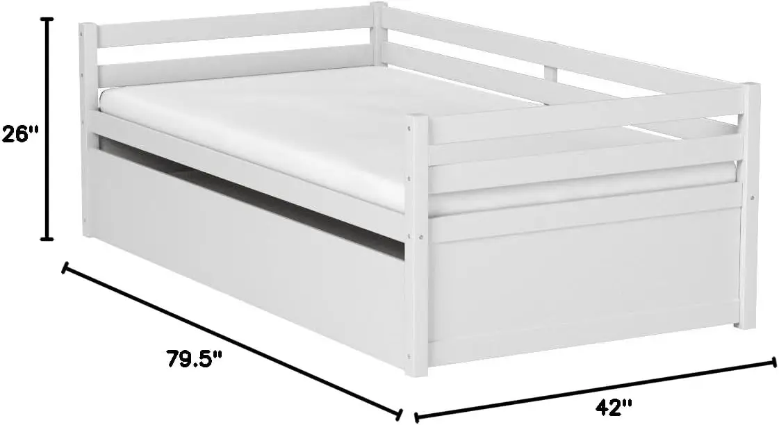 Twin Daybed with Trundle White, Wood Trundle Bed with Wood Slat Support, Mid Century Day Bed Frame for Living Room Guest