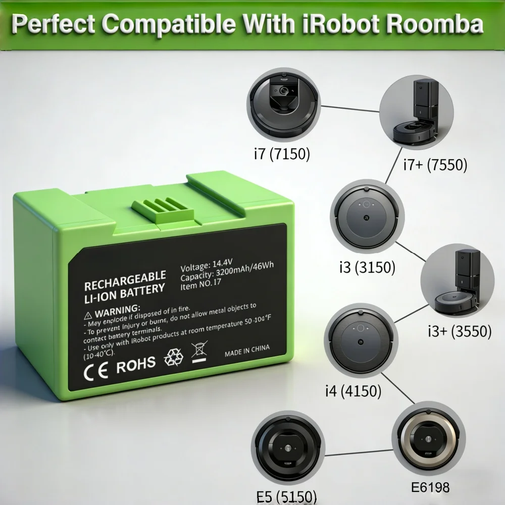 14.4V 12800mAh i7 Battery Replacement for iRobot Roomba e and i Series i7+ e5 7150 7550 i3 3150 i3+ 3550 i4 4150 i4+ 4624864