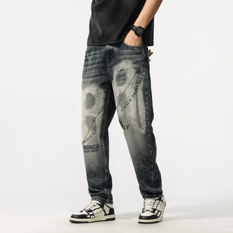 

BYCL904 High Street New Tide Retro Loose Fashion Cone Printed Heavy Craft Washed Trendy Men's Jeans Trousers