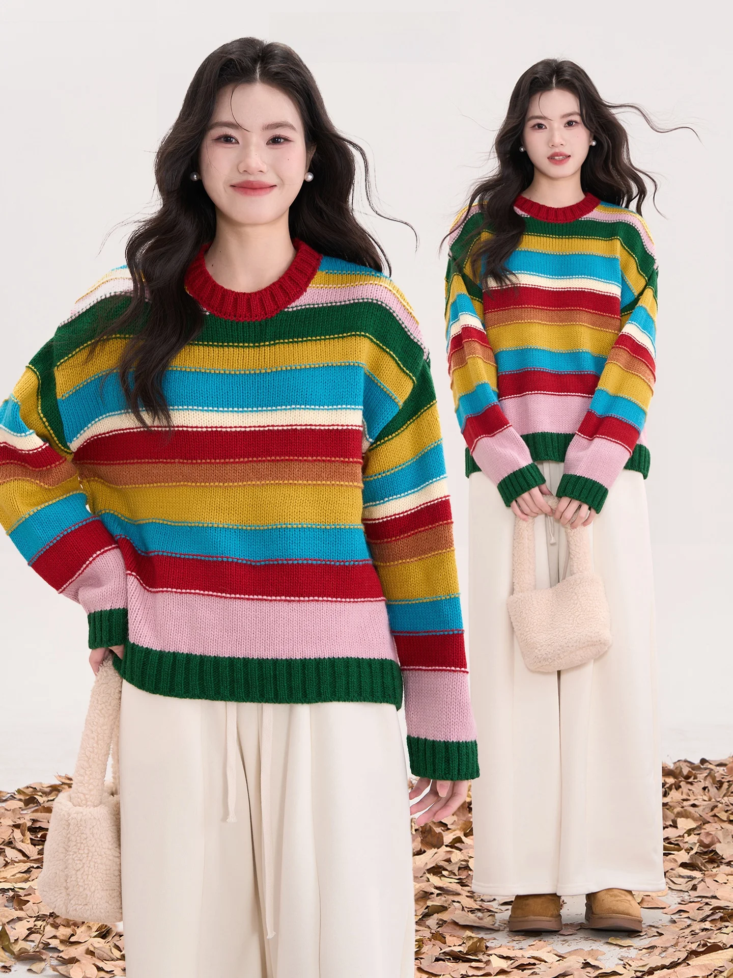 

Striped Knitted Sweater Women's Loose Fit Autumn Winter Casual Top Heme Heart to Heart Faion Brand Warmth Heating