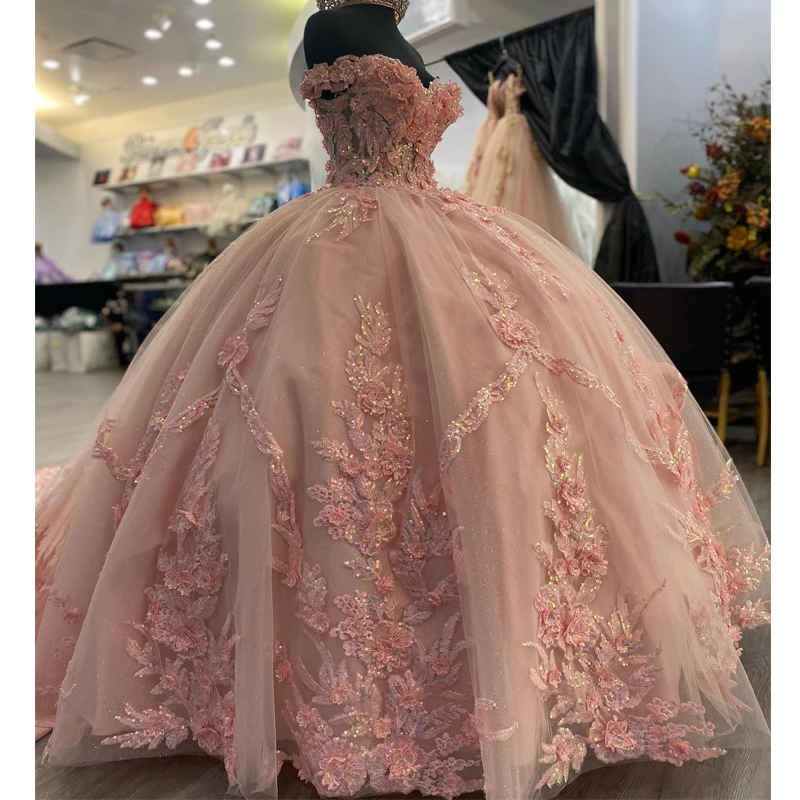 Lorencia Pink Sweetheart Ball Gown Quinceanera Dress Off Shoulder 3D Flower Princess Robe De Soirée Vestidos De 15 Años YQD300