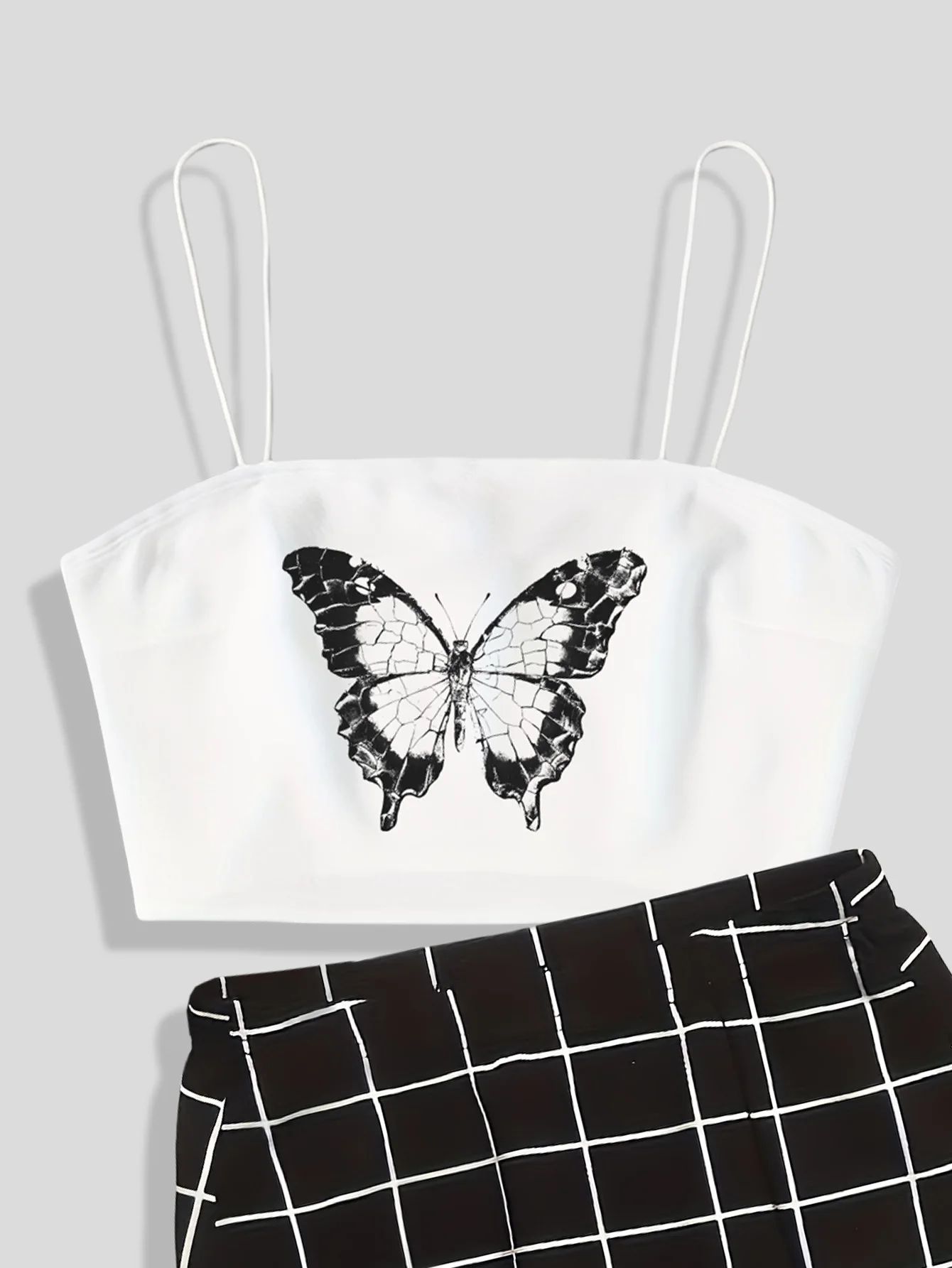 Black-and-white butterfly print Chic Slim Two-piece Skirt Set Crop Cami Top & Plaid Print Skirt Outfits Women\'s Clothing