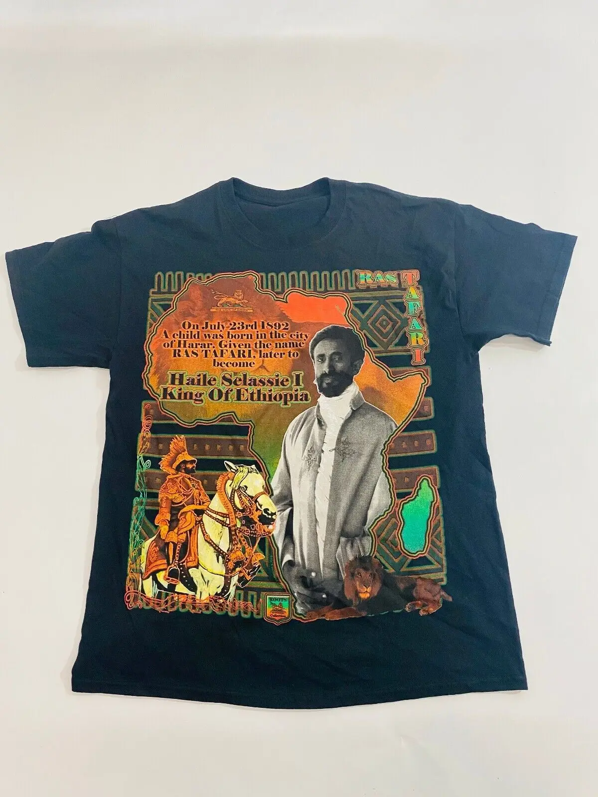 Vintage Haile Selassie Rasta Reggae Rap Tee Big Logo Shirt Black Gold T-Shirt