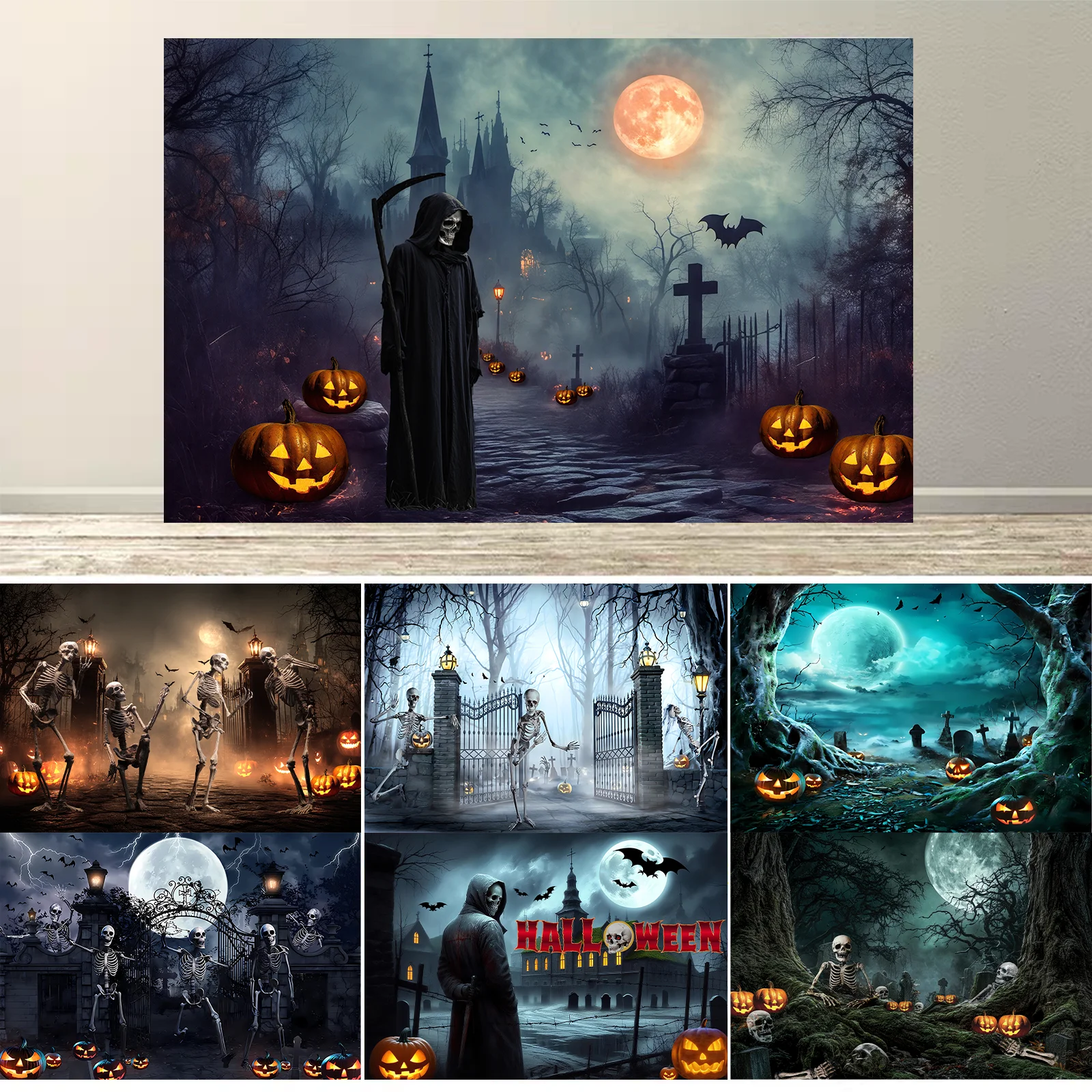 

Halloween Backdrop Photography Background Horror Moon Night Scary Cemetery Pumpkin Lantern for Kids Adult Family Birthday Banner