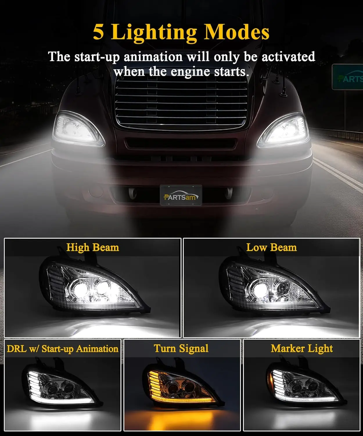 LED Headlight Assembly with Chrome DRL, Start Animation, Sequential Turn Signal, High/Low Beam, Marker Lights, 6500K, IP67, DOT
