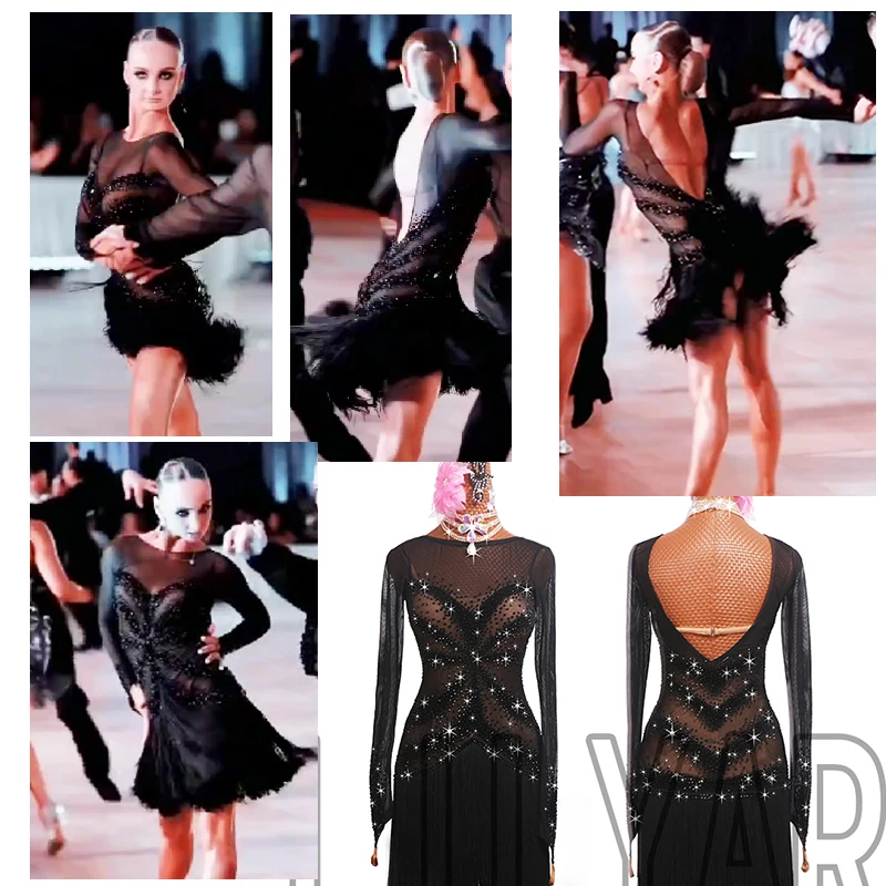 New Latin Dance Competition Performance Art Exam Black Elastic Mesh Flash Diamond Sexy Tassel Long sleeved Dance Dress