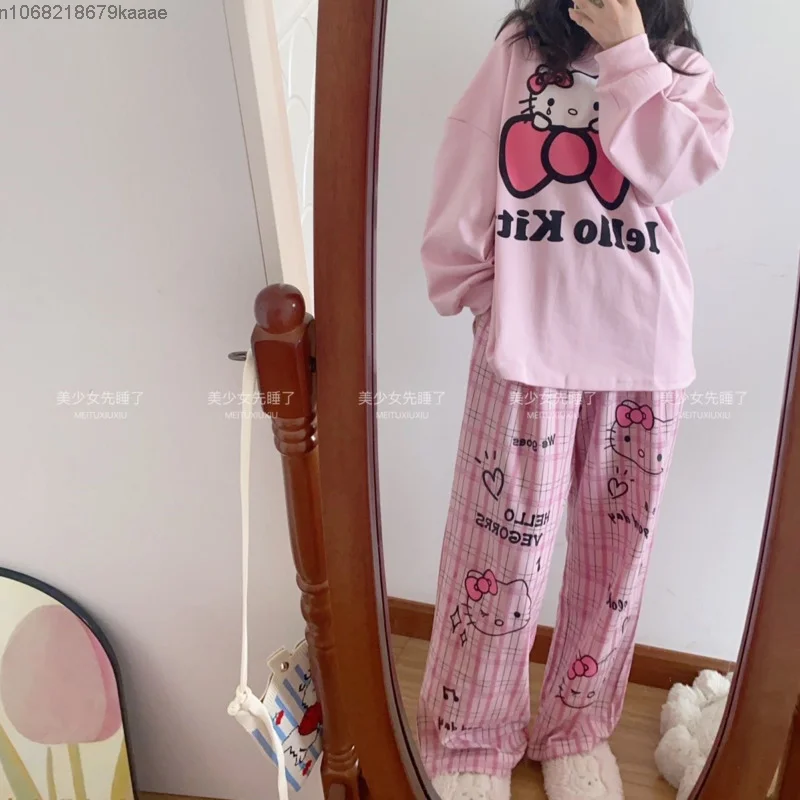 Sanrio Hello Kitty Women Autumn Winter Cotton Long Sleeve Pajamas Sweet Cute Round Neck Loose Casual Nightgown Home Sleepcoat