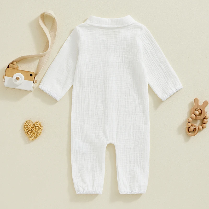 Baby Boy Casual Romper Long Sleeve Solid Bodysuit Cotton Linen Jumpsuit Collared Infant 1-Piece Outfit image 2