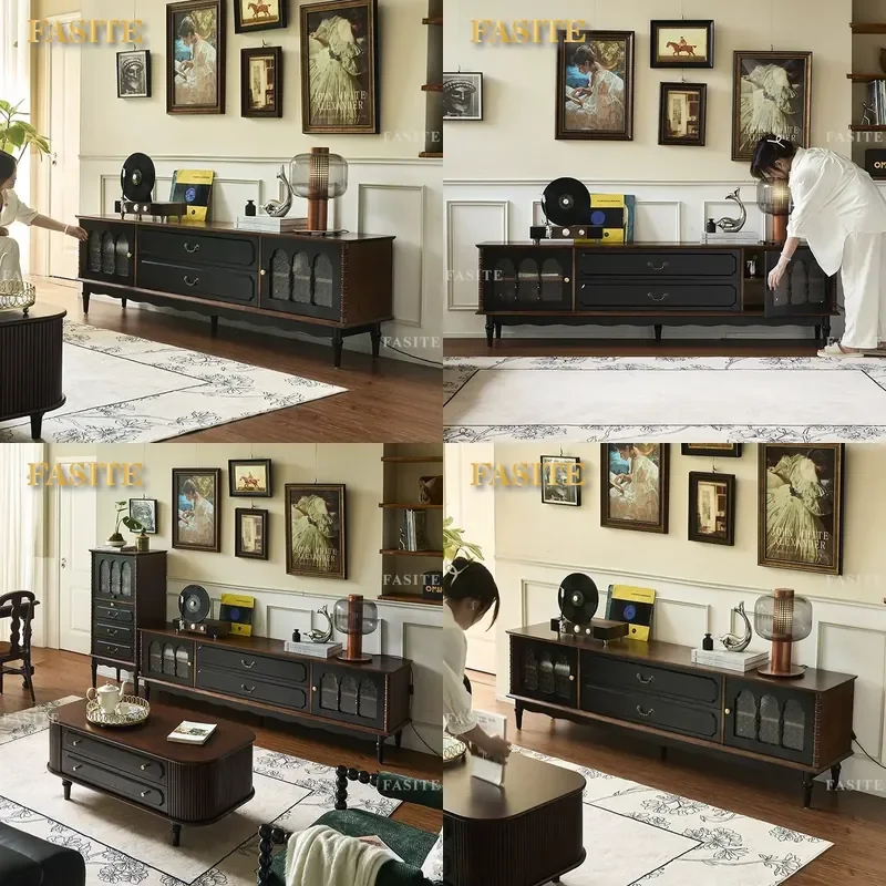 For French Solid Wood TV Cabinet Living Room Wall Mounted Color Contrast Coffee Table Combo Small Apartment Retro Storage