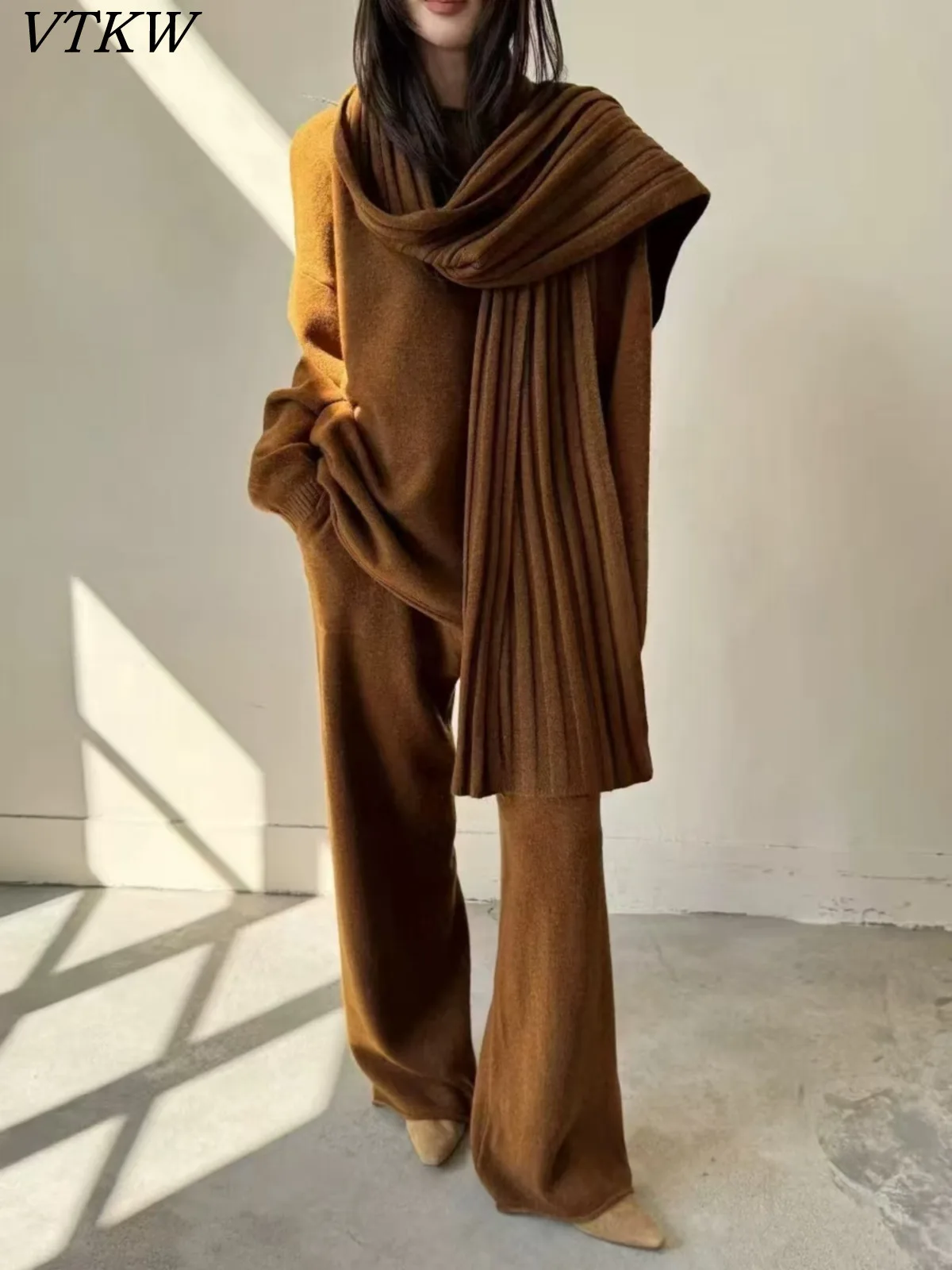 

VTKW Women’s 3-Piece Pant Set with Scarf Round Neck Sweater Wide Leg Pants Elegant Office Winter Warm Premium Minimalist 2025
