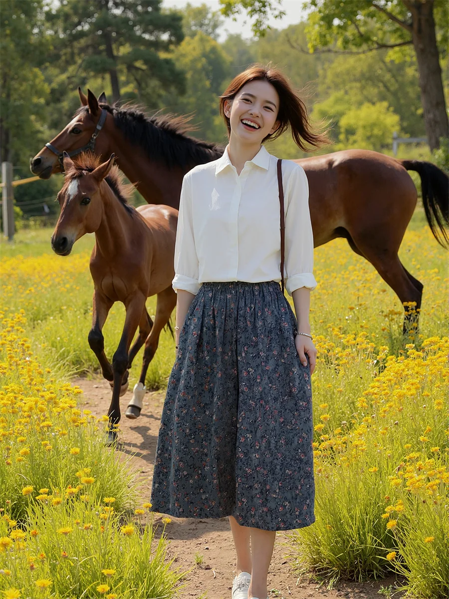 Floral Printed A-line Skirts Womens Pleated Layered Mesh Tulle Ruffle Waist Applique Cake Elegant Sweet Kawaii Bohemian Feminina