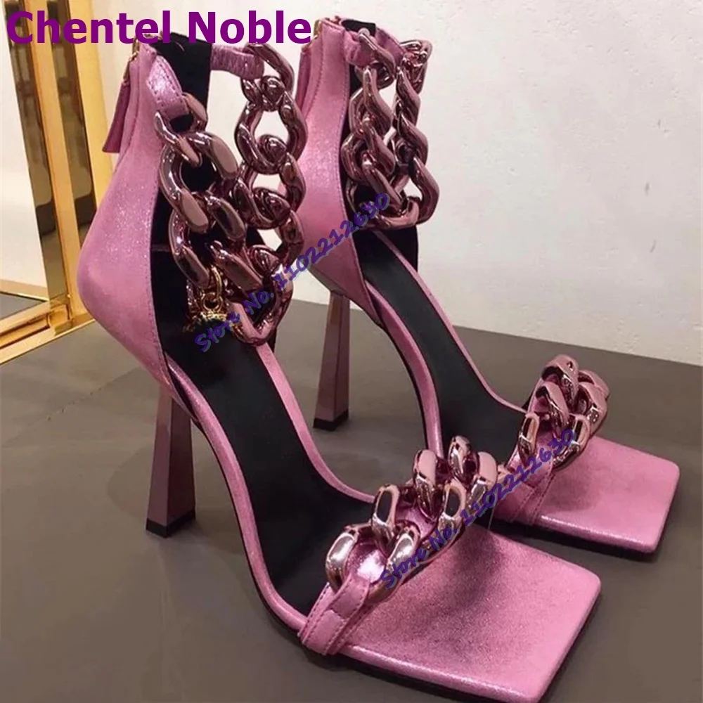 Metal Chain Luxury Sandals Square Toe Cover Heel Open Toe Zipper Stilettos New Arrival Fashion Women Shoes Party Dress Designer