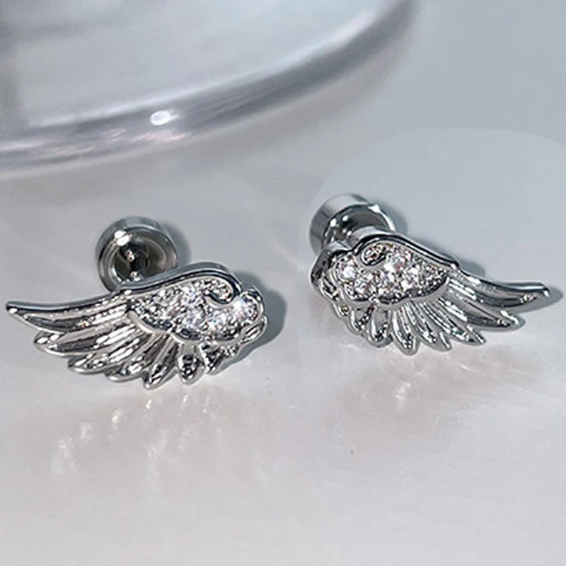Luxury Zircon Angel Wing Cross Stud Earrings for Women Shiny Crystal Wings Fashion Silver Color Vintage Ear Studs Jewelry Gifts