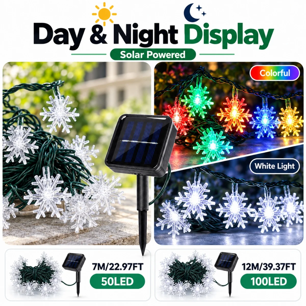 1pc Solar Snowflake Christmas String Lights 50/100LED Outdoor Solar Fairy Lamps For Garden Yard Porch Winter Xmas Decoration