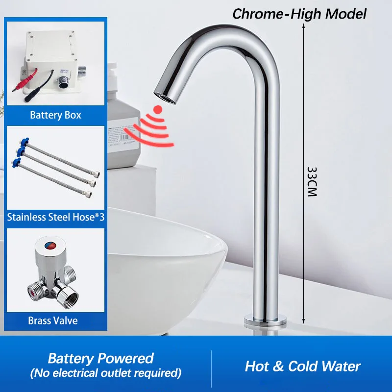 Zwarte automatische aanraakvrije infraroodsensor badkamerkraan. Touchless tapware. Koud warm water mixer kraan. Badkamer gootsteen kraan