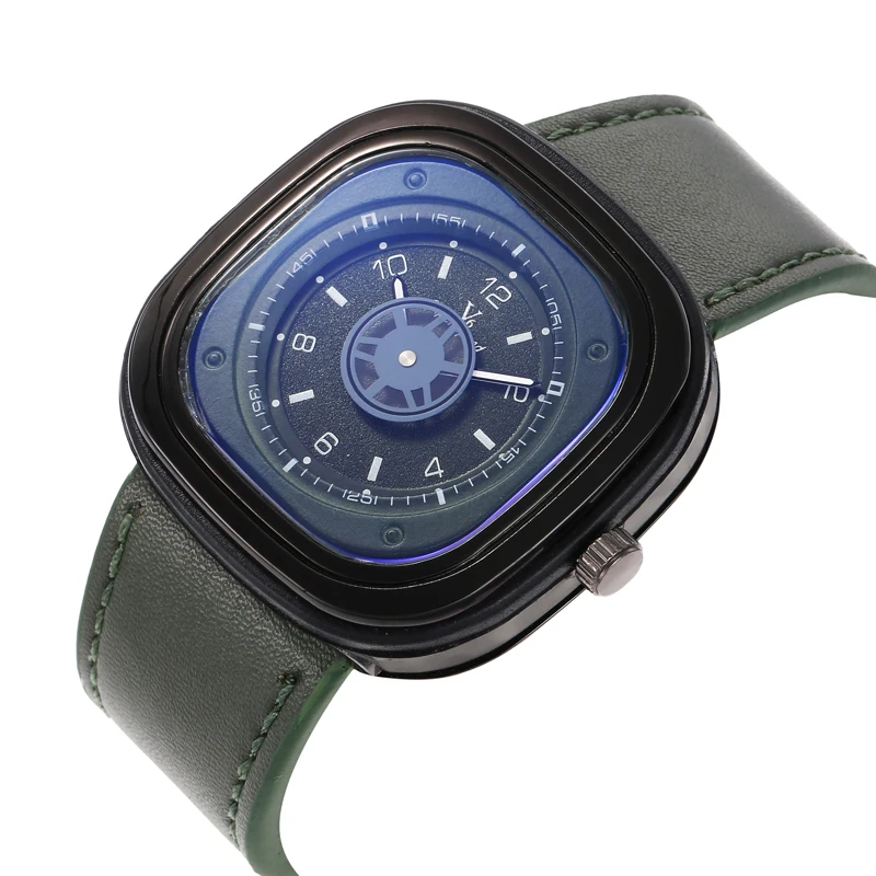 

V6 V0291 Men Square Quartz Watch Fashion Green Black Military Sports Creative Leather Strap Wristwatches for Male Boy Clock