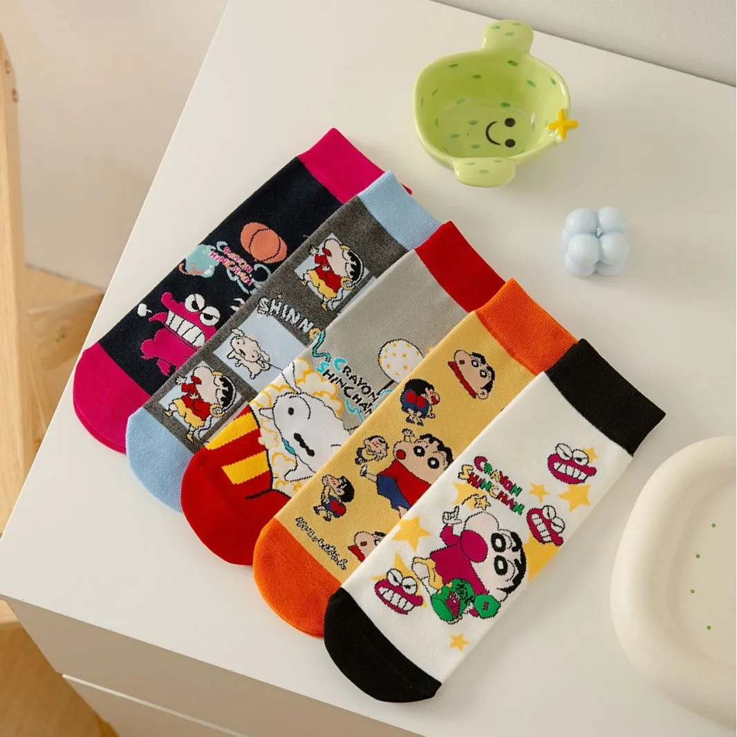 5 pairs new Crayon Shin chan socks knitted boneless cotton socks cartoon warm autumn and winter straight board gifts for men gir