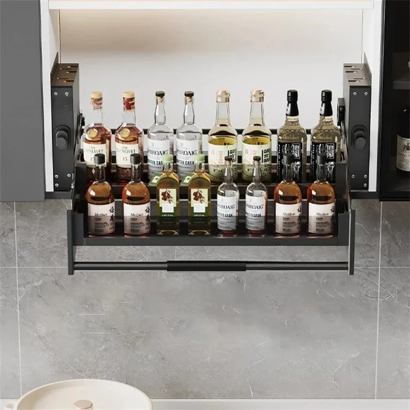& Lift-Up Pull-Down Kitchen Cabinet Storage Basket Retractable Single-Tier Spice Rack Organizer for Upper Cabinets Space Saving