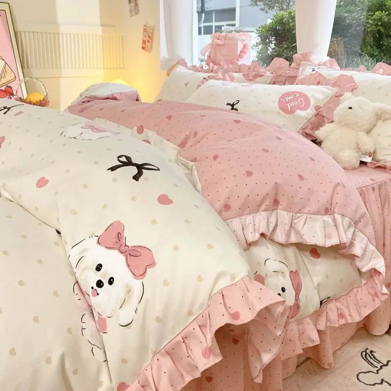 Pink Cartoon Dog Bedding Set Princess Ruffle Lace Duvet Cover Bed Skirt Sheet Pillowcase Cute Girls Children Flowers Bed Linen