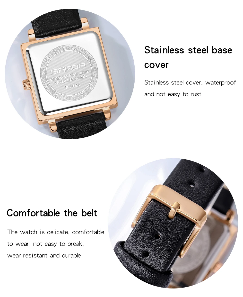 SANDA Women Square Sport Watches Fashion Leather Strap Analog Quartz Wristwatch Big Dial Vintage Elegant Ladies Watch Reloj Muje