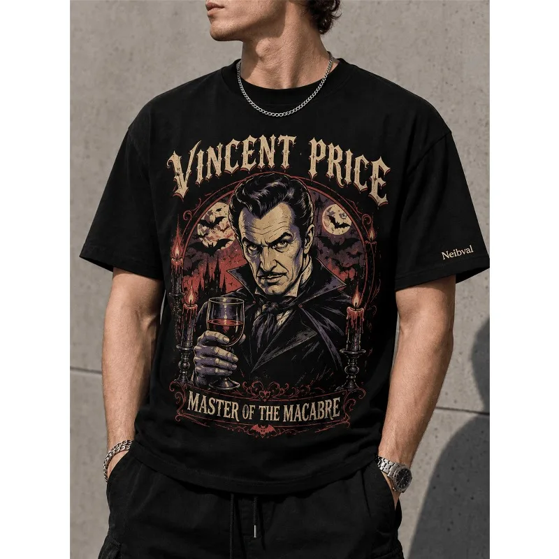 Retro Gothic Vampire Horror T-shirt, Retro Bat Moon Candle Pattern T-shirt, Black Street Top