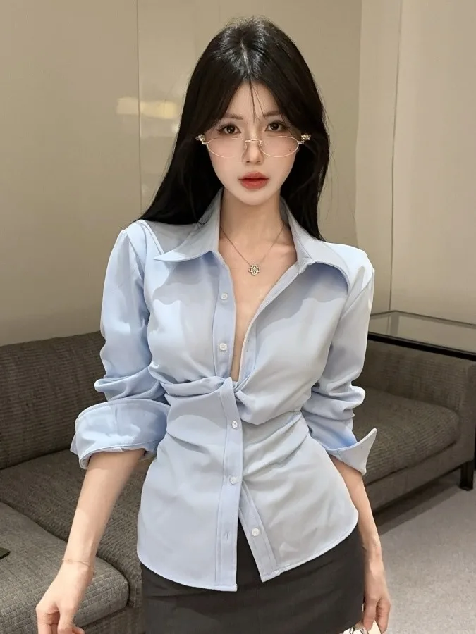 

Женская блузка Pure Desire Design с длинным рукавом, новая коллекция весна-осень, с отложным воротником, из хлопка и льна, с завышенной талией