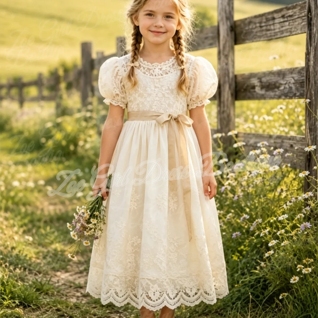 Custom Ivory Lace Flower Girls Dresses For Wedding Puffy Short Sleeves Ribbon Bow Kids Birthday Party First Communion Gowns