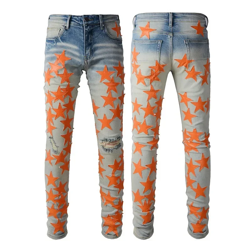 American High Street Trendy Brand Patchwork Quality Jeans, New Trendy Youth High-Craft Elastic Slim Fit Premium Casual Pants