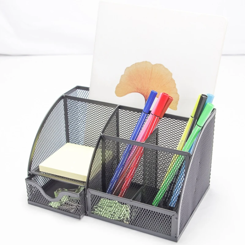 Mesh Desk Organizer Pen Holder, Accessories Storage Caddy With 6 Compartments, And Drawer Office Supplies Gift (1 PCS)