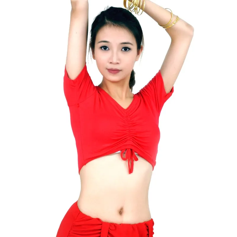 ที่กําหนดเองย่น V คอสั้นแขนสั้น Belly Dance เครื่องแต่งกายฝึกชุดแขนสั้นผ้าฝ้าย Bra Tops