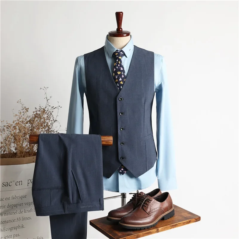 (25) Men\'s Three-piece Suit, Blue Striped Korean Style, Slim and Handsome Wedding Dress