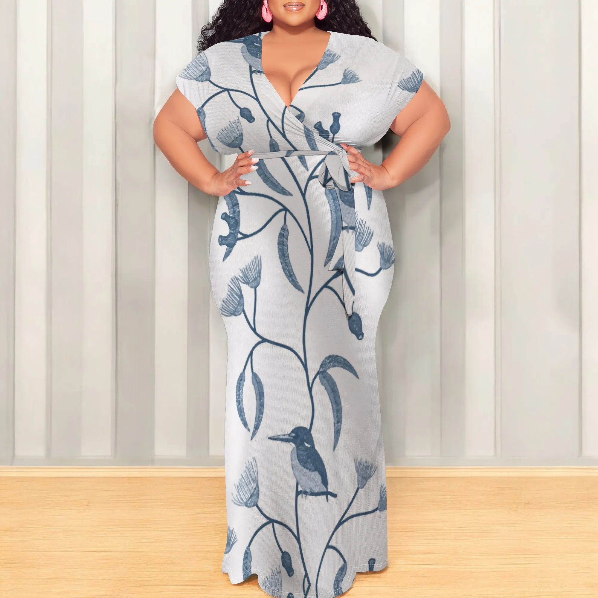 

Elegant V Neck Belted Maxi Dress Women Short Sleeve Floor Length Floral Gown