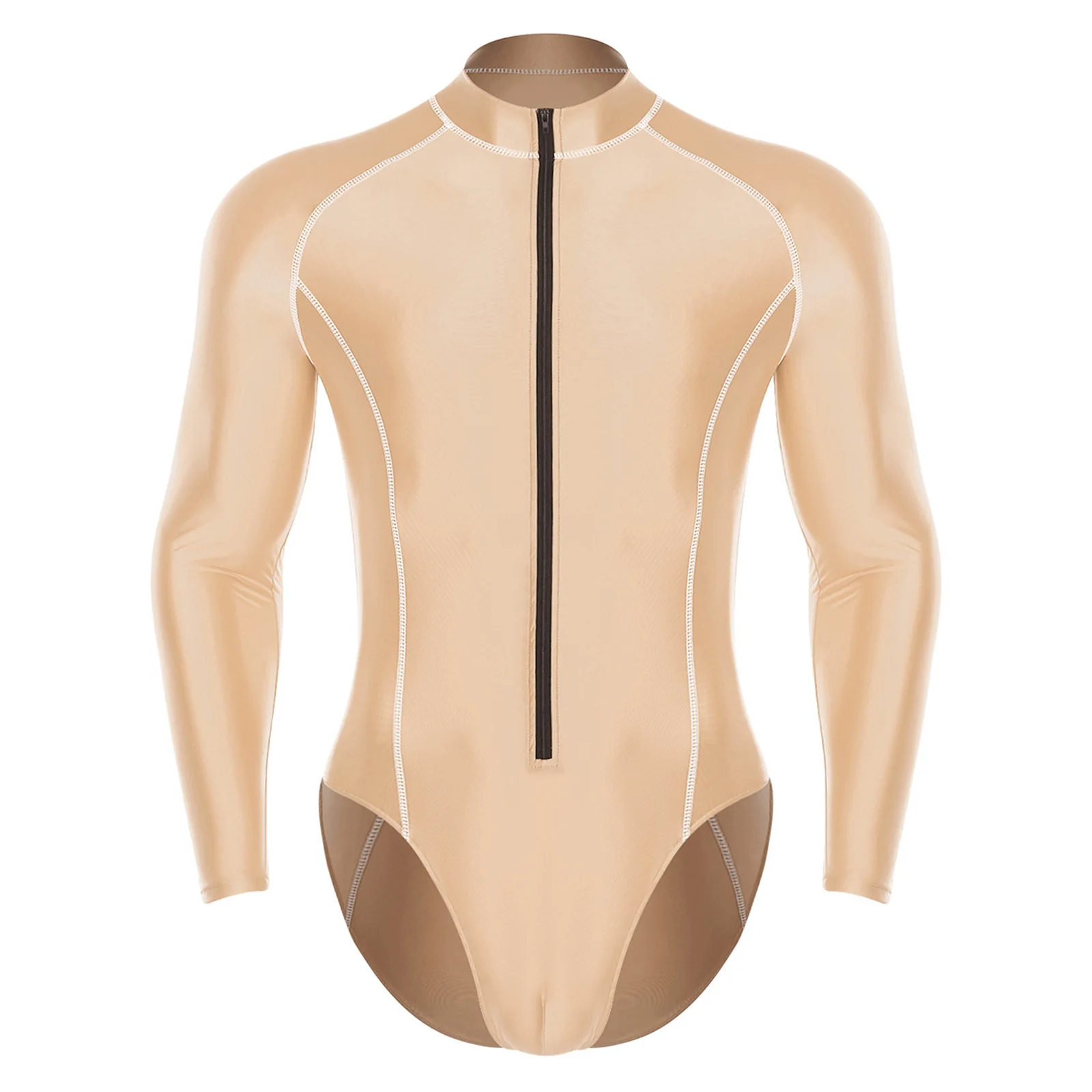

Sleek Glossy Rash Guard for Men Long Sleeve Bodysuit Mock Neck Front Zipper Leotard Jumpsuit for Dance Swimming Surfing Workout