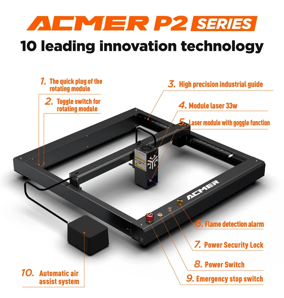 ACMER P2 33W Laser Engraver180W CNC Laser Engraver Cutting Machine With Air Assist CNC Laser WIFI Control for Metal Acrylic Wood