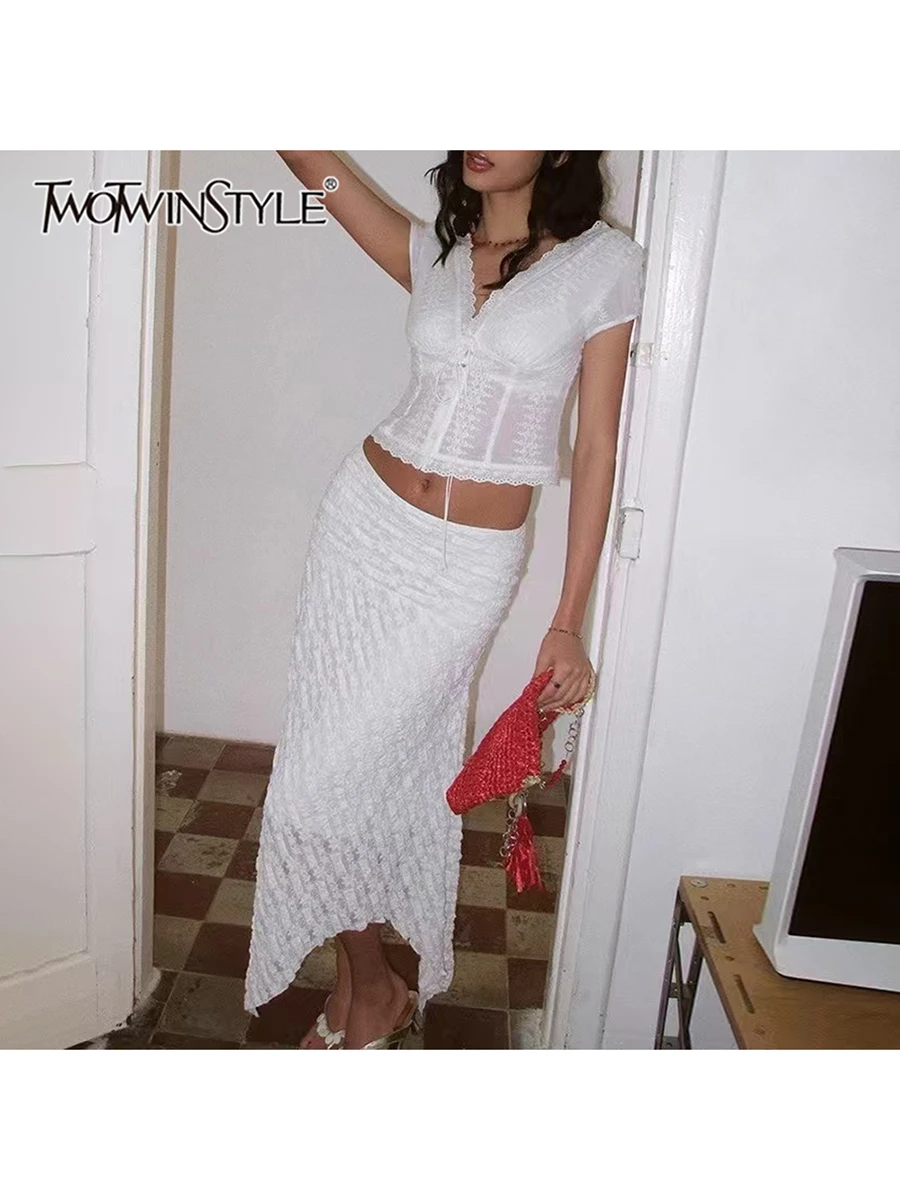 

TWOTWINSTYL Solid Two Piece Set For Women V Neck Short Sleeve Top High Waist Temperament Slimming Skirt Sets Female Fashion New
