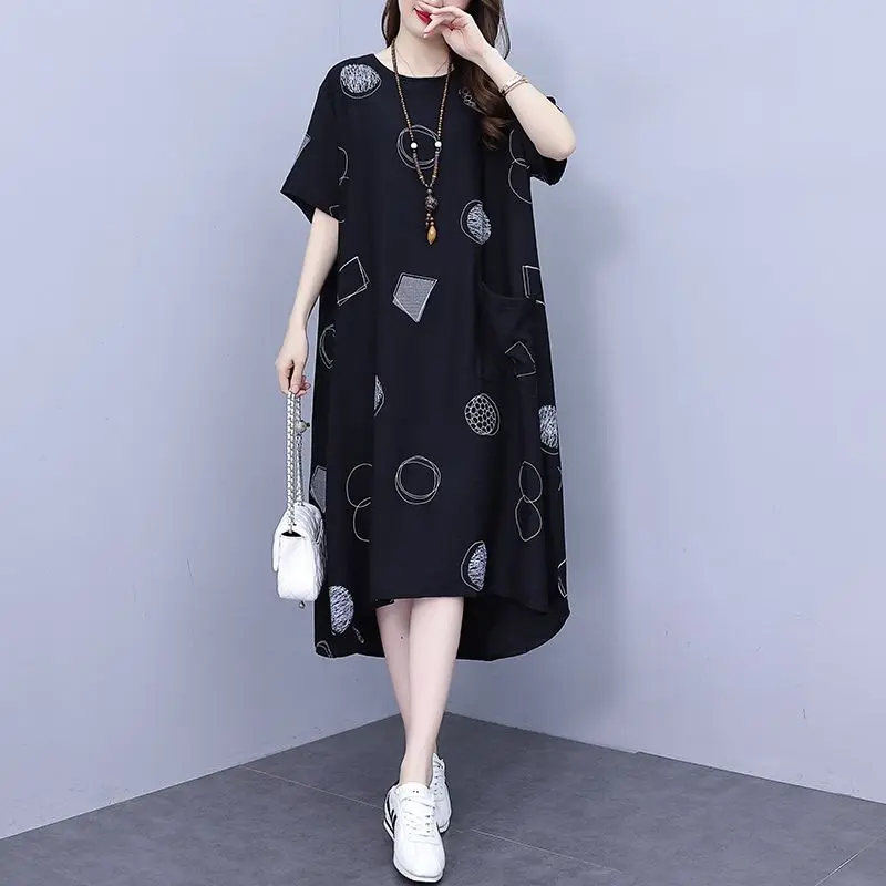 Fashion Women\'s Clothing Casual Pockets Spliced Printing Dresses Summer Loose All-match Round Neck Asymmetrical Dress Female