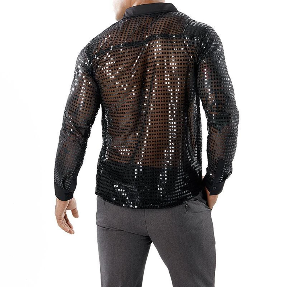 Men Sequined Shirt For Men Retro 70s Disco Daily 1 Fall Polyester + Mesh + Sequin Comfy Mens Golden Spring Hot