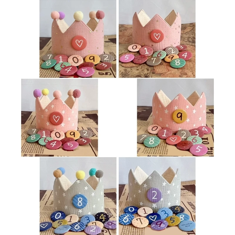 Kids Birthday Muslin Cotton Cloth Themed Party Birthday Hat with Interchangeable Numbers 1-9 for Party Decoration