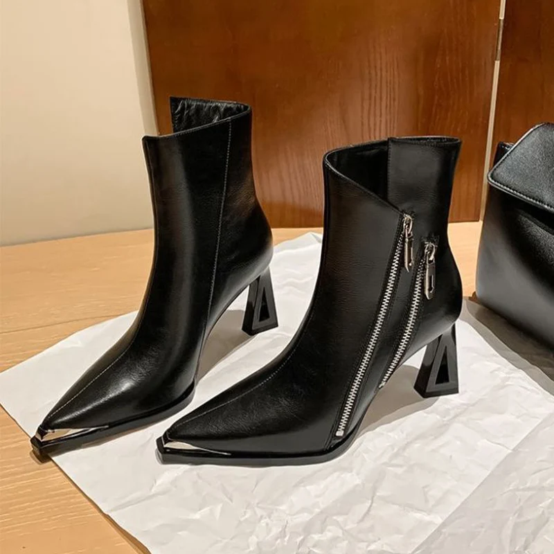 

Elegant Pointed Toe Women's Boots High Heels Party Shoes Winter Chelsea Leather Boots 2025 Brand Pumps Fashion Short Botas Mujer