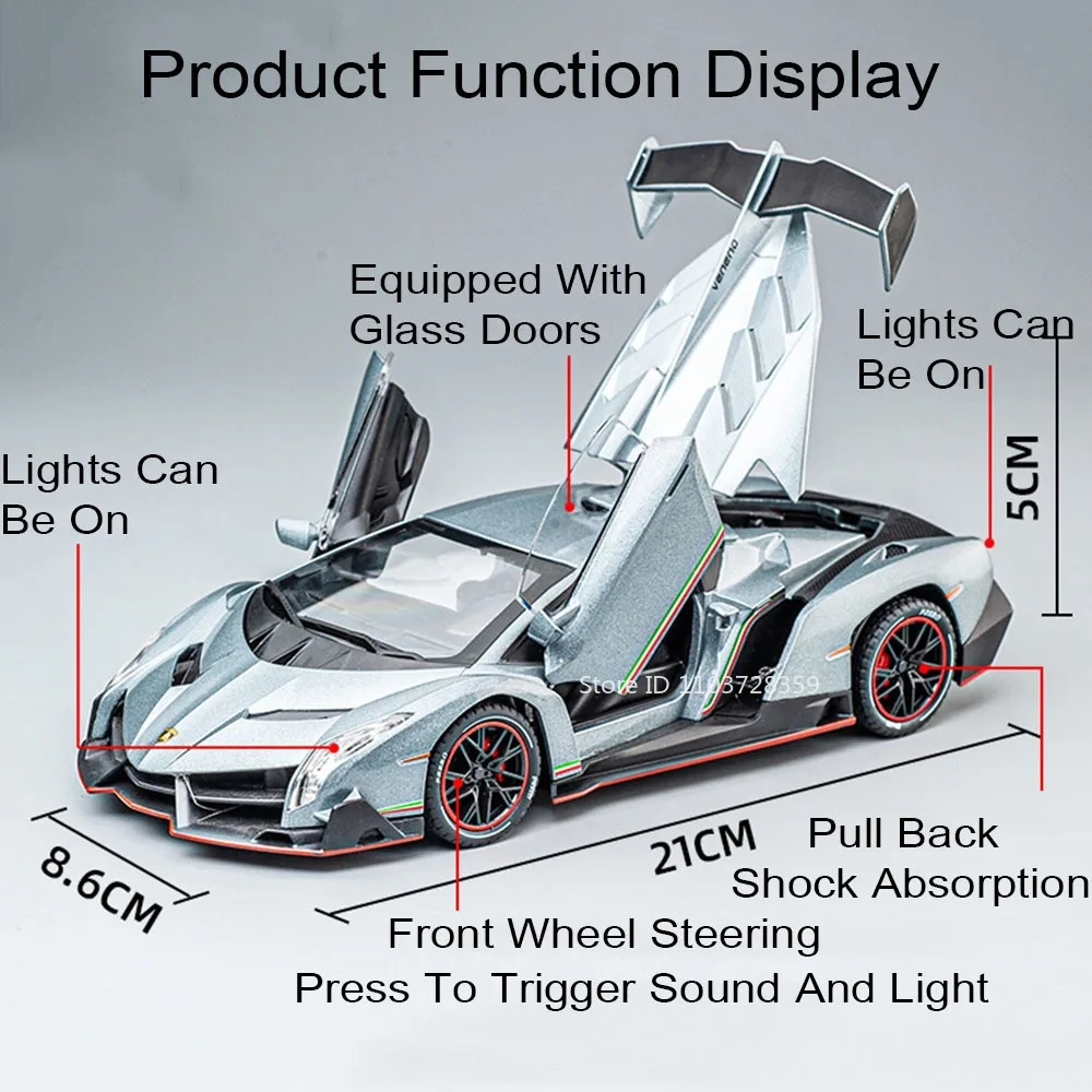 1:24 Countach LP500S VENENO نموذج سيارة رياضية مصغرة اللعب سبيكة دييكاست ضوء الصوت التراجع الأبواب مفتوحة مجموعة السيارة الخارقة