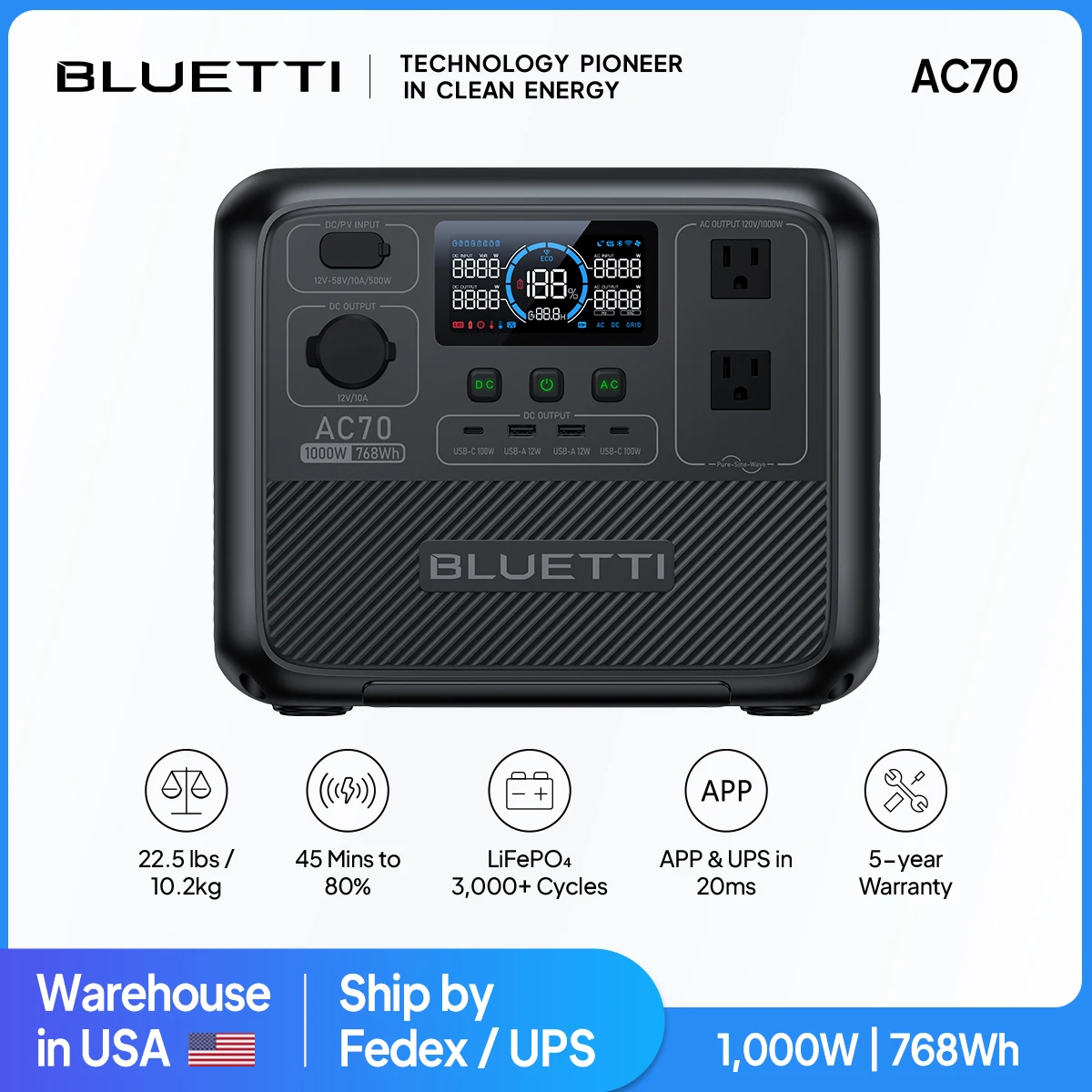 

[US Plug] BLUETTI AC70 768Wh 1000W Portable Power Station Sloar Generator Camping Fishing Disaster Prevention Emergency RV Power