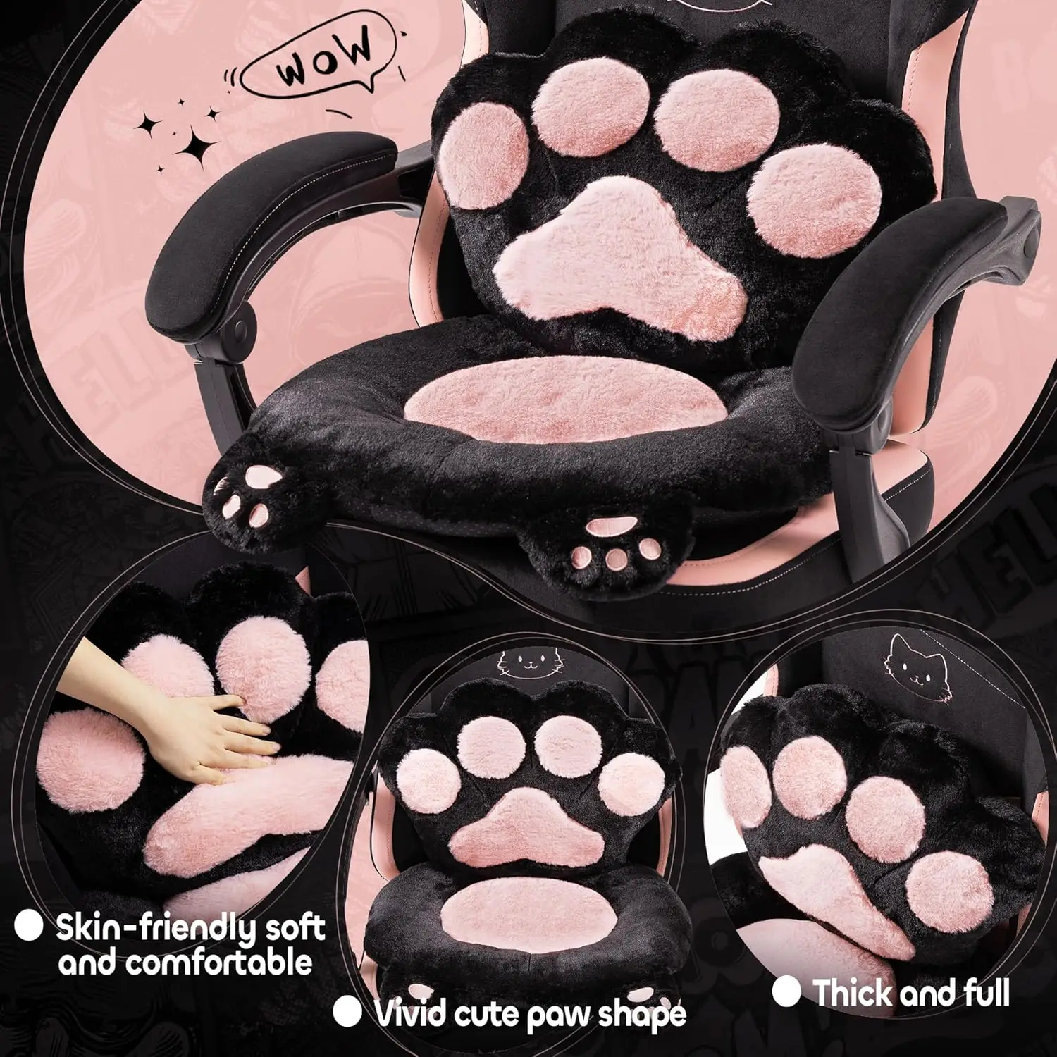 Pink Cute Gaming Chair with Cat Ears & Paw Lumbar Cushion, Ergonomic Reclining Computer Chair with Footrest, Customized