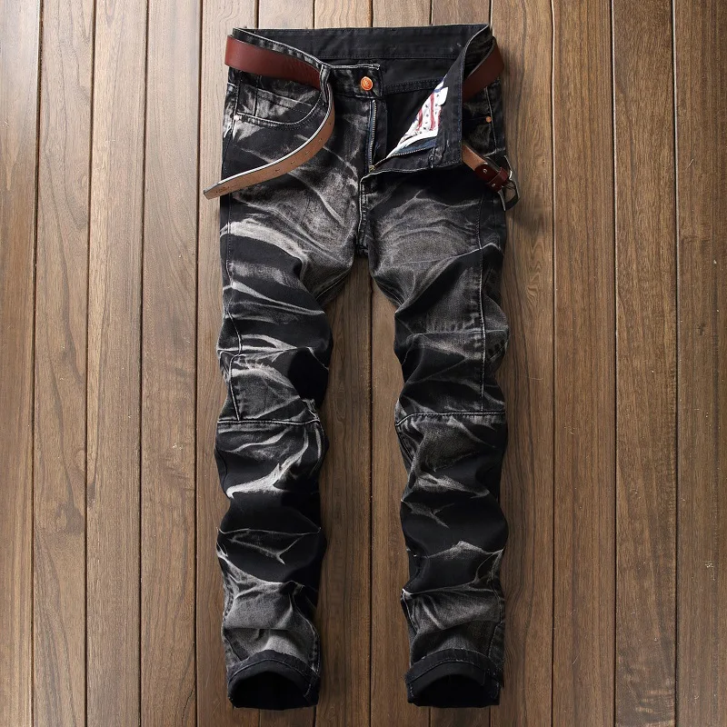 2020 High Quality Men Casual Jeans Coated Slim Straight Pleated Biker Jeans Pants Male Denim Casual Pants Plus Size 42